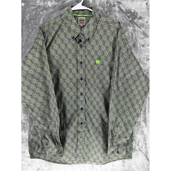 Cinch Other - Cinch Mens Long Sleeve Button Down Shirt Green Paisley Print Size L